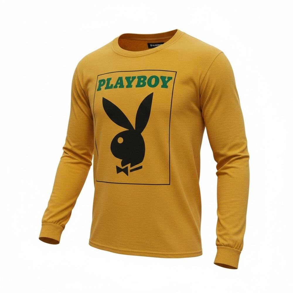 Playboy by PacSun Men’s XL Long Sleeve T-Shirt Yellow Bunny Logo Graphic Tee